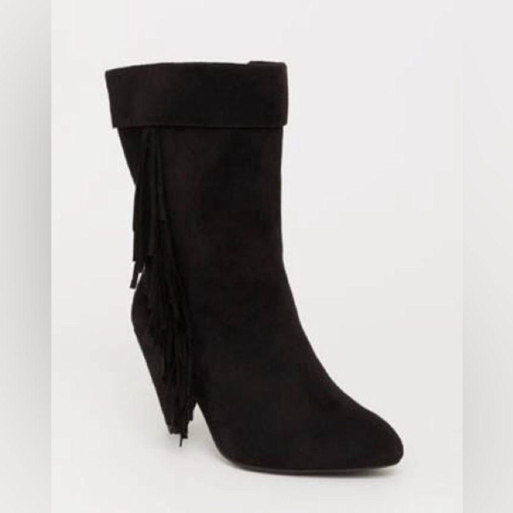 Torrid Black Suede Fringe Heeled Boots